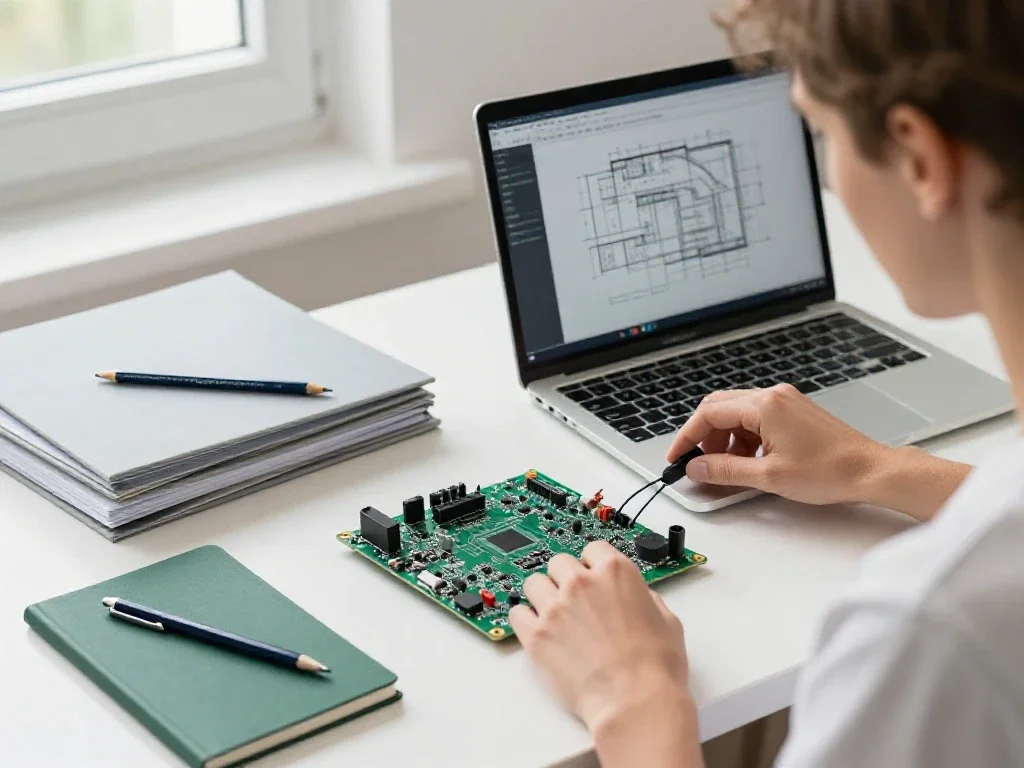 Circuit électronique et ordinateur portable sur un bureau illustrant la synthèse de domaines variés.