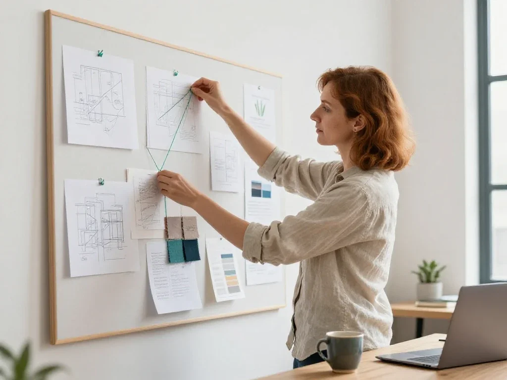 Une entrepreneure française relie des idées sur un tableau pour illustrer sa vision globale et transverse.
