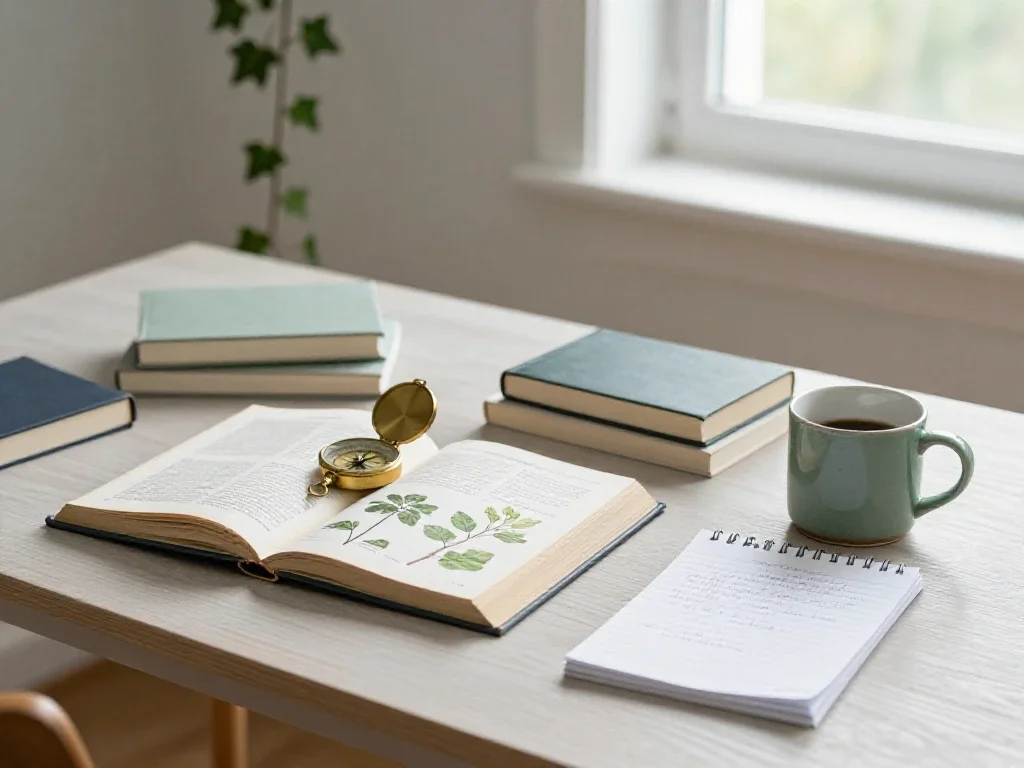 Table de travail avec livres et boussole montrant les liens entre différents domaines de connaissances.