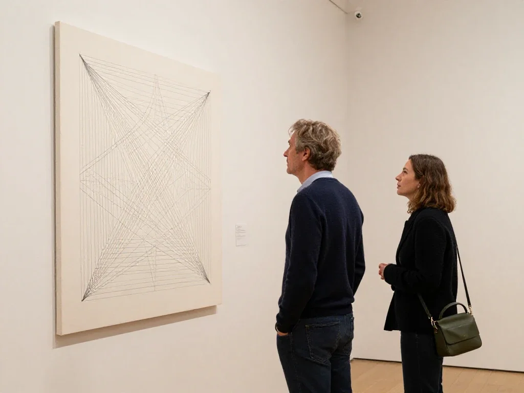 Deux visiteurs analysent les connexions complexes d'une œuvre d'art pour saisir les liens globaux.